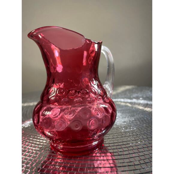 Vintage Cranberry Glass Coin Dot Thumbprint Pitcher W/ Clear Ribbed Bud Vase - Picture 11 of 13